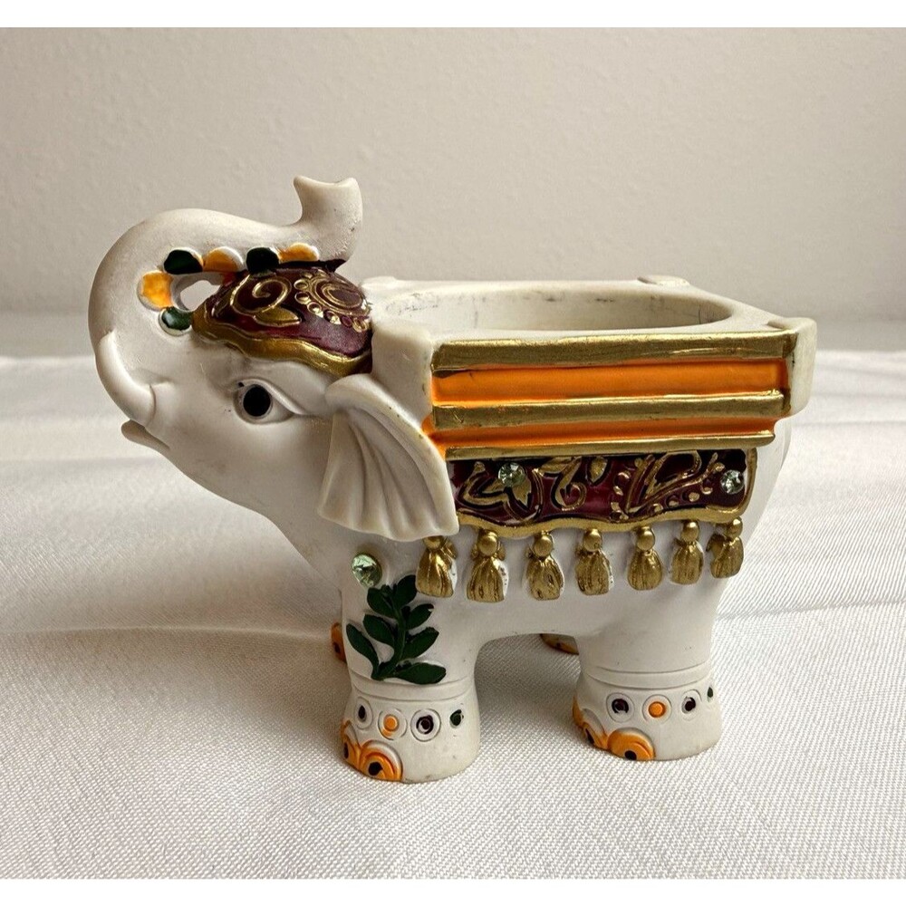 Vintage Ornate White Elephant Planter Candle Holder Trunk Up Gold Accents Jewels